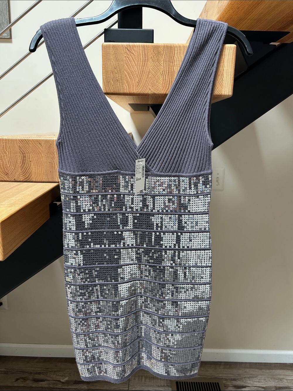 Sequin Ribbed V-Neck Mini Dress in Silver Gray